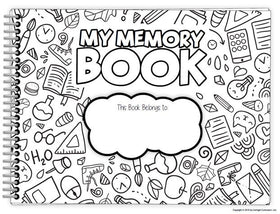 Cover of a black and white memory book with the title 'MY MEMORY BOOK' and spaces for personalization, such as a space for the book to belong to, and various educational and memory-related icons around the border.