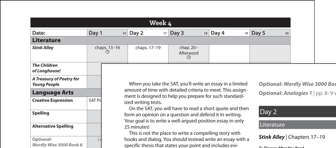 Customers use these separate guides in various ways. Some give their children the Student Guide and later discuss the answers with them. Some give their children the Student Guide and ask them to write out the answers. Some, acknowledging that discussion might be ideal, but admitting a very real lack of time, give their children the Parent Guide, and allow them to read the answers as they study, figuring that some acquaintance with the material is better than none.There isn't a right or wrong way to use these guides.Divided by SubjectBesides offering Parent and Student Guides, Sonlight also divides the high school guides by subject.In a brick-and-mortar school, students get a course catalog. They then select which social studies, English, math, science, and electives will work best for them each semester.And so with you. The catalog has arranged the programs in a way that usually makes sense: study 20th Century History as you read 20th Century Literature; study American History or Government as you read American Literature. But there isn't a natural and obvious connection between, say, Church History and, well, any Literature program. So feel free to mix things up. Pick whatever History and Literature programs appeal to you and your students the most.Science Schedule PlusFor High School, your Apologia science program comes with a Schedule Plus instead of a full-blown Instructor's Guide. Your Schedule Plus provides the familiarity of Sonlight's IG for your Apologia studies. What makes it different from an IG? While the schedule is the same, there are limited notes as the majority of the material comes in Apologia's program.