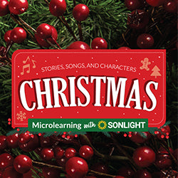 Red book titled 'Christmas' with Sonlight logo, surrounded by red berries and greenery.