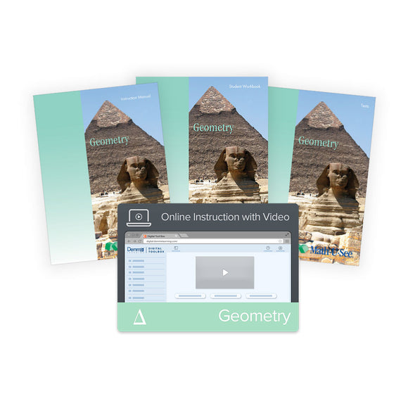 Math-U-See GeometryPoints, lines, planes, angles, circles, triangles, quadrilaterals, Pythagorean Theorem, conic sections, proofs, and more.Age Range: 14-18Grade Range: 9