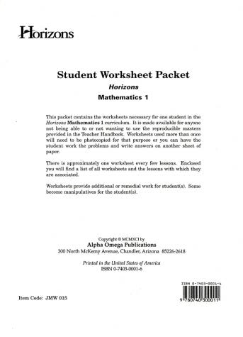 Horizons Math 1: Student Worksheet Packet