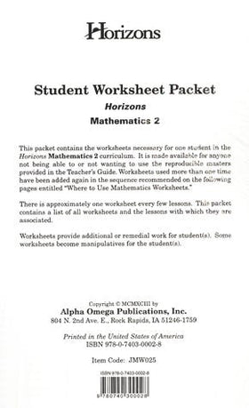 Horizons Math 2: Student Worksheet Packet