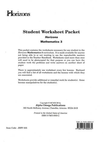 Horizons Math 3: Student Worksheet Packet