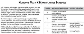 Horizons Math Manipulatives K Schedule