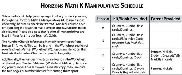 Horizons Math Manipulatives K Schedule