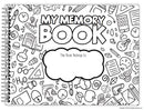 Cover of a black and white memory book with the title 'MY MEMORY BOOK' and spaces for personalization, such as a space for the book to belong to, and various educational and memory-related icons around the border.