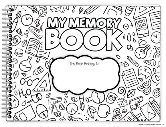 Cover of a black and white memory book with the title 'MY MEMORY BOOK' and spaces for personalization, such as a space for the book to belong to, and various educational and memory-related icons around the border.