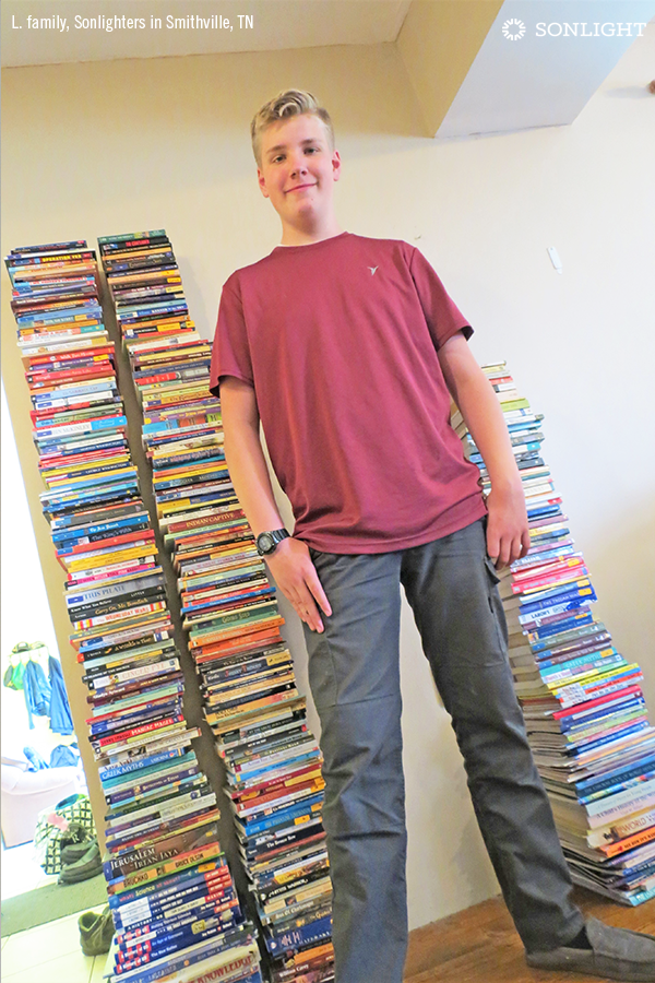 "Isaac (now in 10th grade) has been using Sonlight since first grade. Isaac is 6 feet tall, and we thought it would be fun to see how many 6-foot stacks of books we could make—over 2 and a half stacks and over 400 books! Isaac is an avid reader and has read many of these books more than once. Thank you, Sonlight, for the thought-provoking literature."  - Zachary L. of Smithville, TN