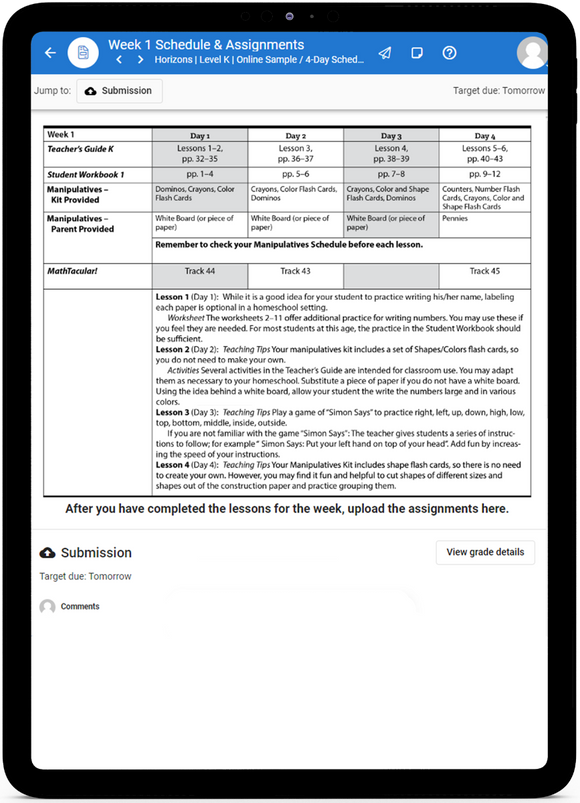 Horizons Math, Level K - Online Schedule