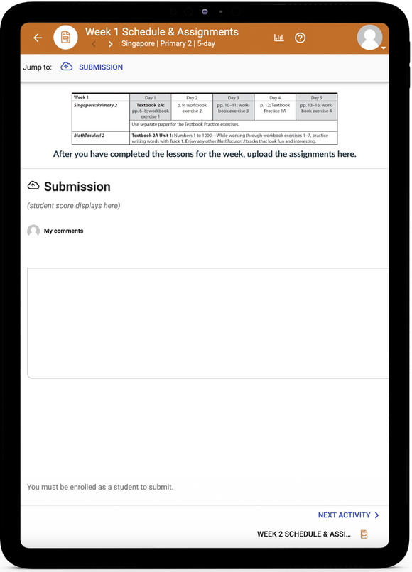 Singapore Math 2 - Online Schedule