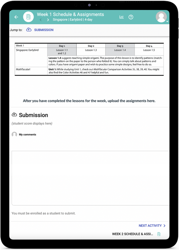 Singapore Math K - Online Schedule