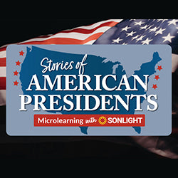 Card with 'Stories of American Presidents' text and an American flag in the background