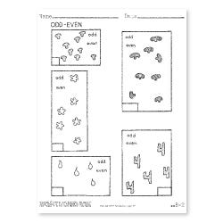 First Grade Math Worksheet: Miquon Math from the red book: odd and even numbers, number lines and skip counting, simple fractions